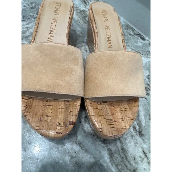 Stuart‎ Weitzman Summer Wedge platform slide sandals beige suede cork size 10B - Picture 5 of 10